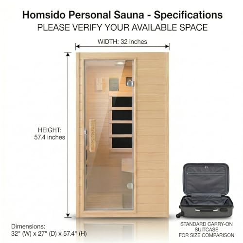 Homsido - Far Infrared 1 Person Hemlock Wood Sauna ， MINI Indoor Sauna with 110V 5 Heating Panels Bluetooth 6mm Tempered Glas