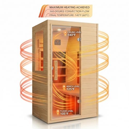 Homsido - Far Infrared 1 Person Hemlock Wood Sauna ， MINI Indoor Sauna with 110V 5 Heating Panels Bluetooth 6mm Tempered Glas