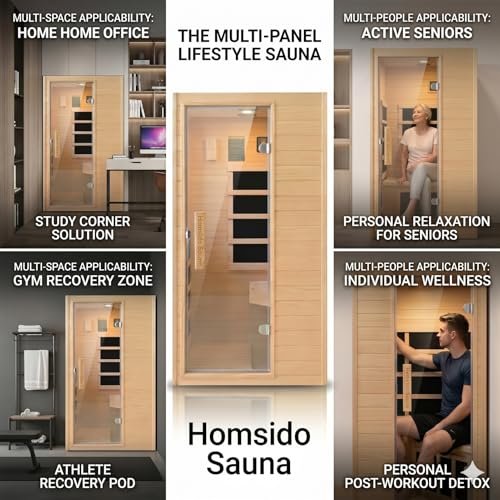 Homsido - Far Infrared 1 Person Hemlock Wood Sauna ， MINI Indoor Sauna with 110V 5 Heating Panels Bluetooth 6mm Tempered Glas