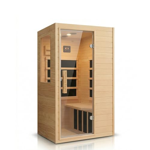 Far Infrared 1 Person Hemlock Wood Sauna ， MINI Indoor Sauna with 110V 5 Heating Panels Bluetooth 6mm Tempered Glass Compact Indoor Home Spa Personal Sauna